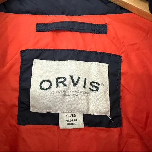 Orvis Down Puffer Vest Navy Orange Full Zip Snap Front Pockets Men’s Size XL - Picture 5 of 7
